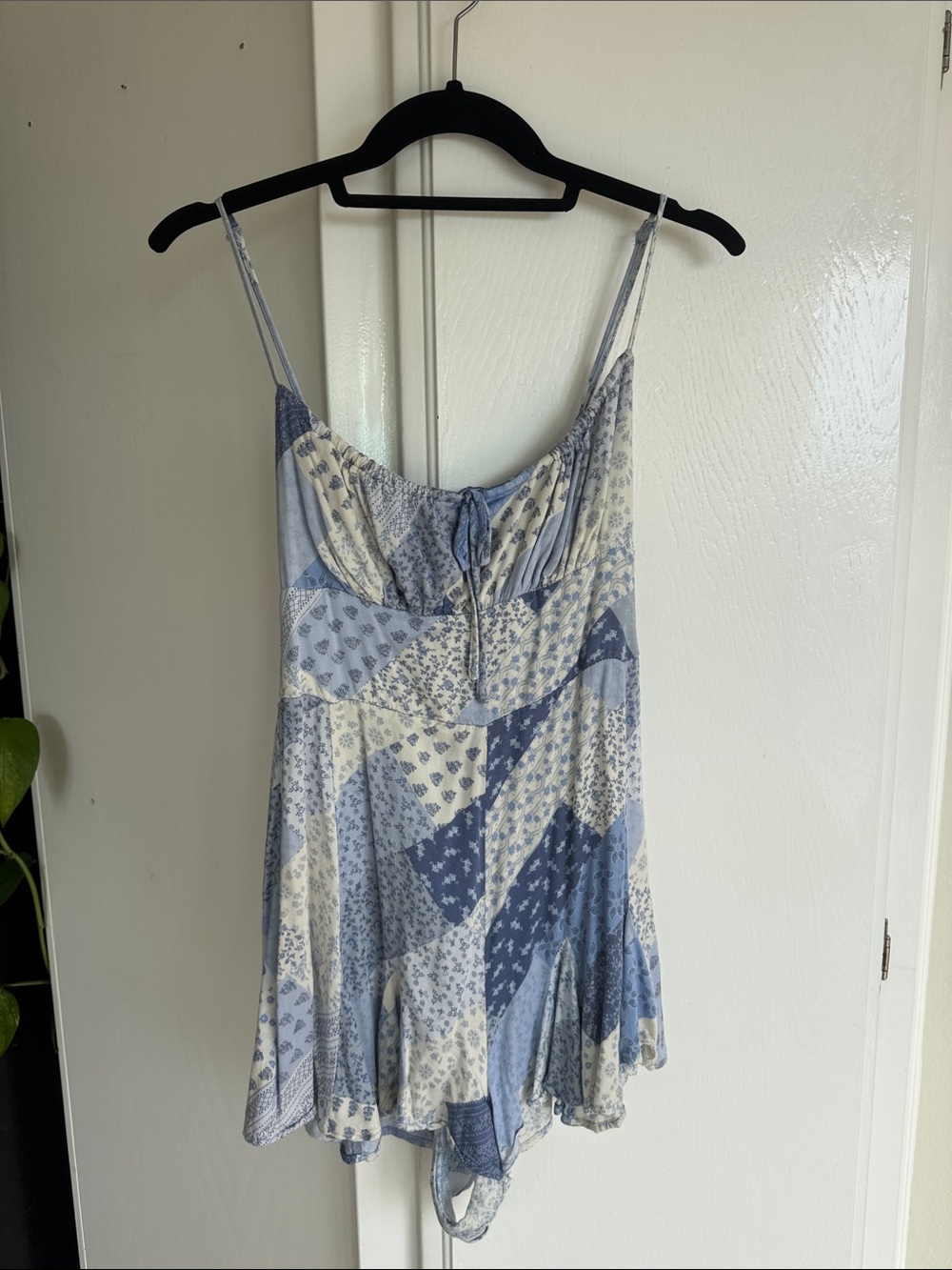 Kimchi Blue Light Blue and Cream Patchwork romper from Urban Outfitters